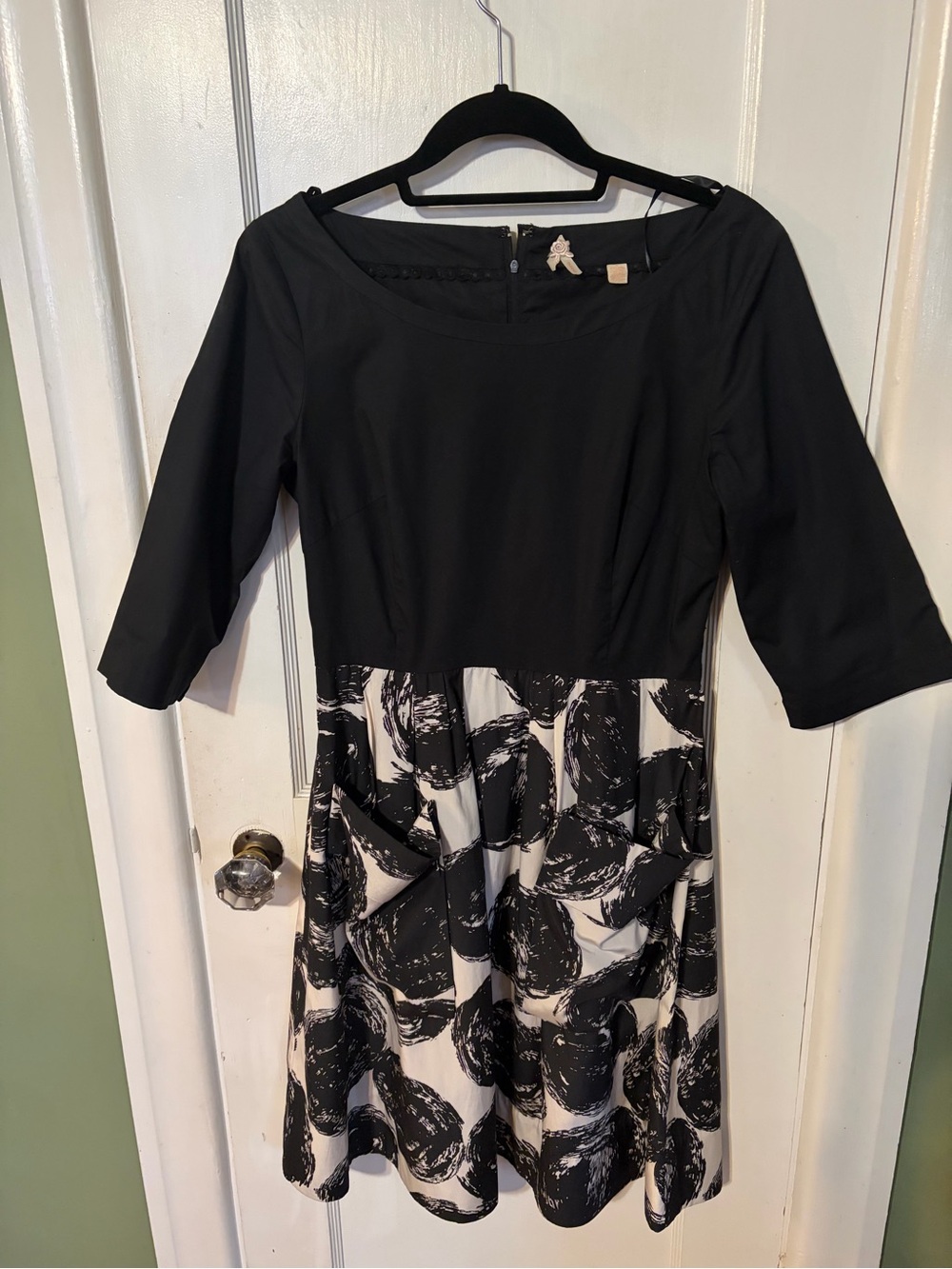 Maeve Black and White Patterned Fit-and-Flare Midi Dress Vintage Anthropology